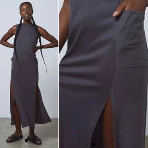 Lunya Cool Maxi Dress Meditative Grey Sleeveless Slit Pockets Sm NWOT Designer